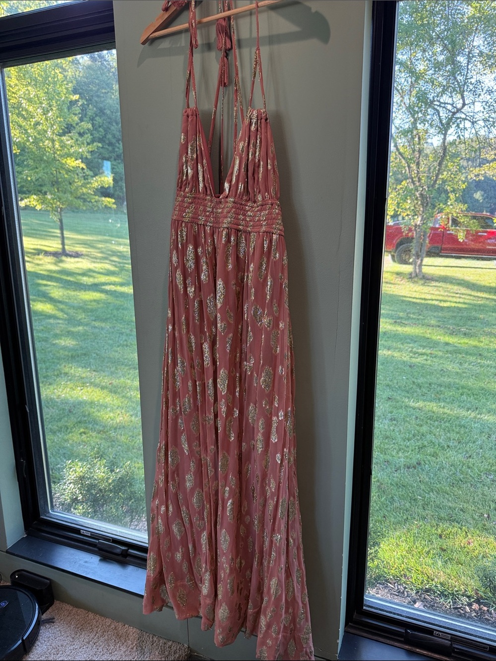 Altar'd State Rose Pink Maxi Dress with Gold Metallic Accents